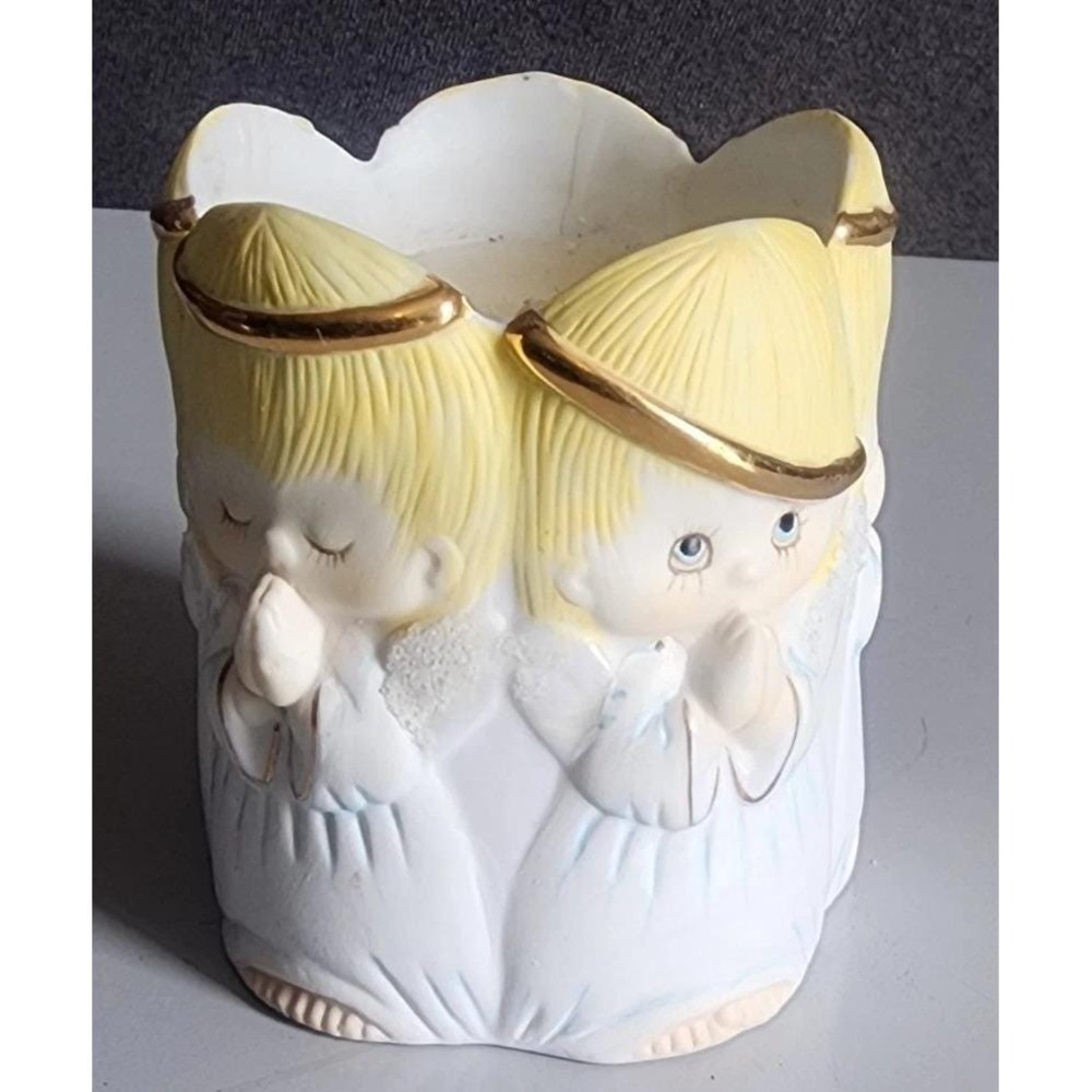Vintage Hallmark Porcelain Halo Angels Praying Candle Holder 3" Tall Unused